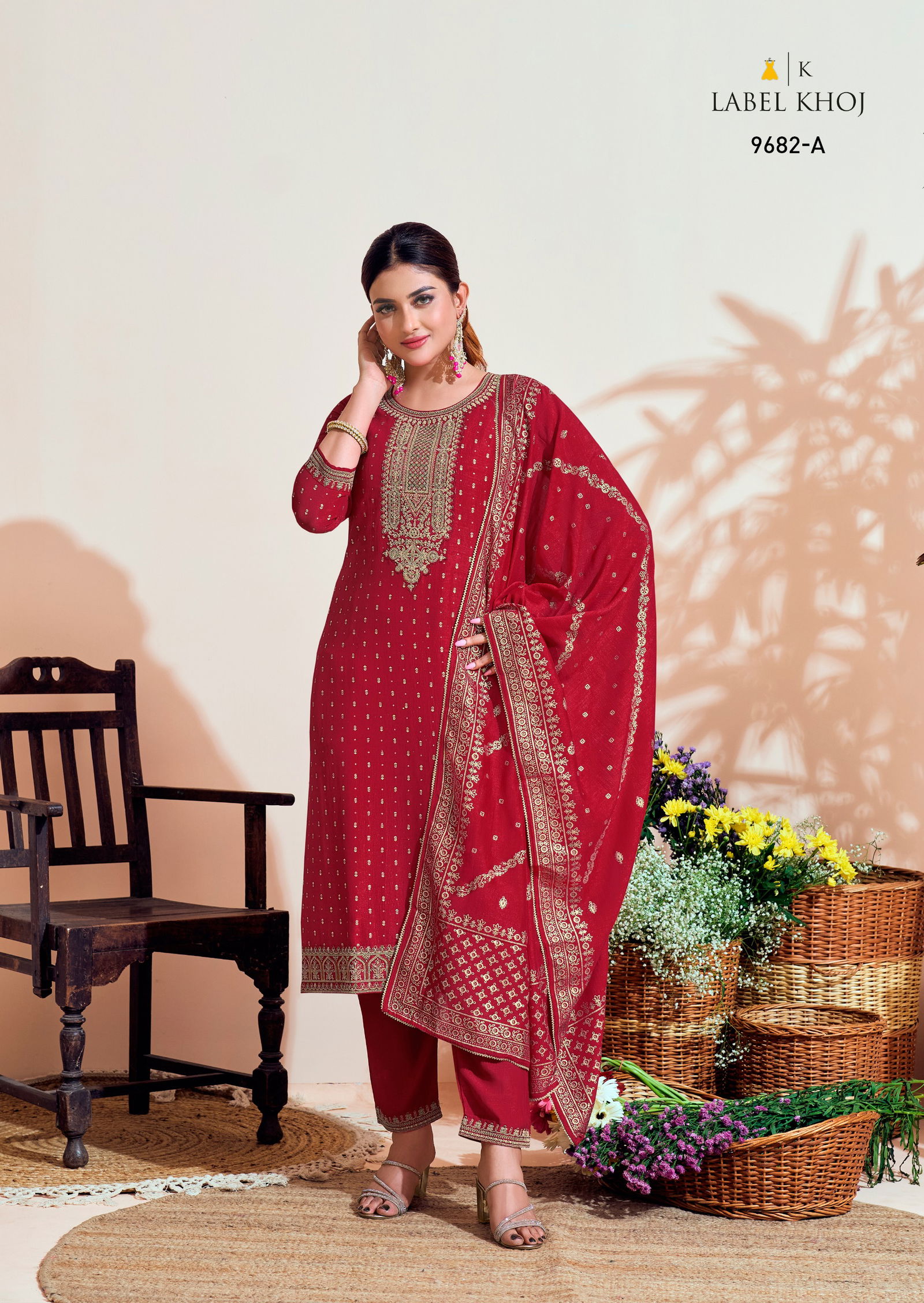 Label Khoj 9682 A To 9684 B Embroidery Vichitra Silk Designer Readymade Suits Wholesale Shop In Surat